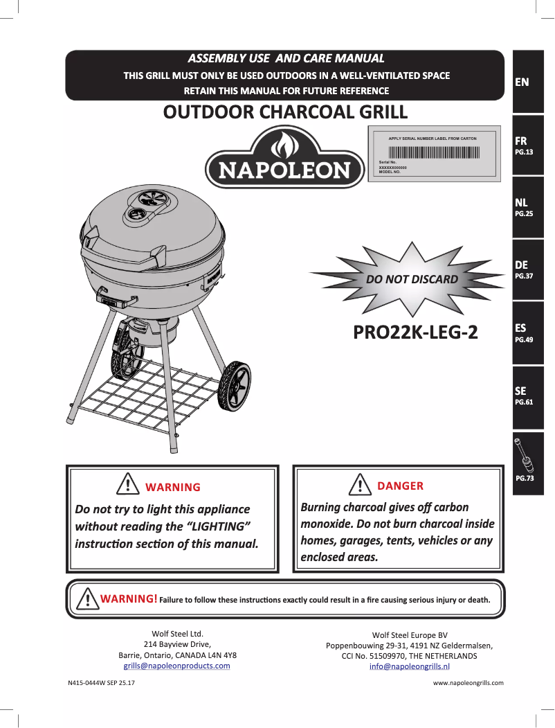 Page 1 de la notice Manuel utilisateur Napoleon Pro Charcoal Leg