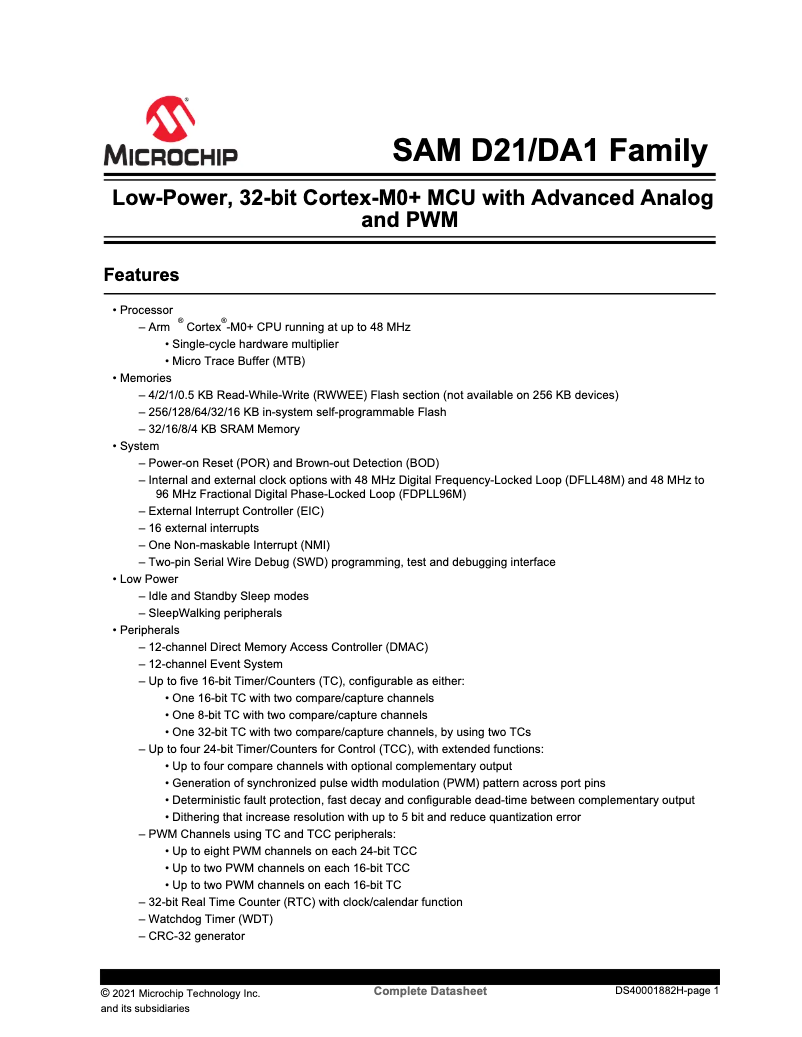 Page 1 de la notice Fiche technique Microchip ATSAMD21J17