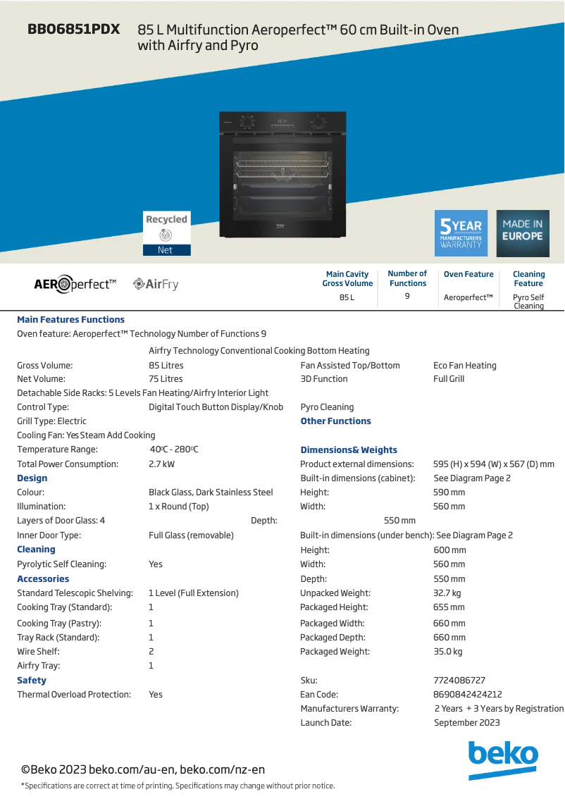 Page n°1 - Fiche technique Beko BBO6851PDX