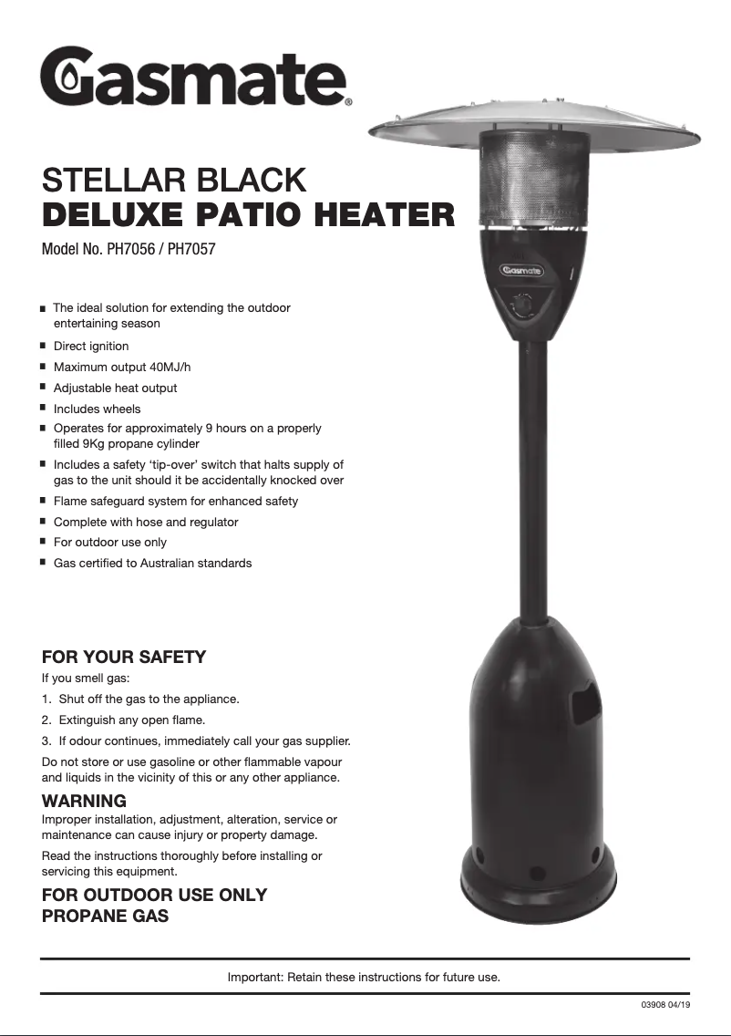 Page 1 de la notice Manuel utilisateur Gasmate Deluxe Patio PH7056