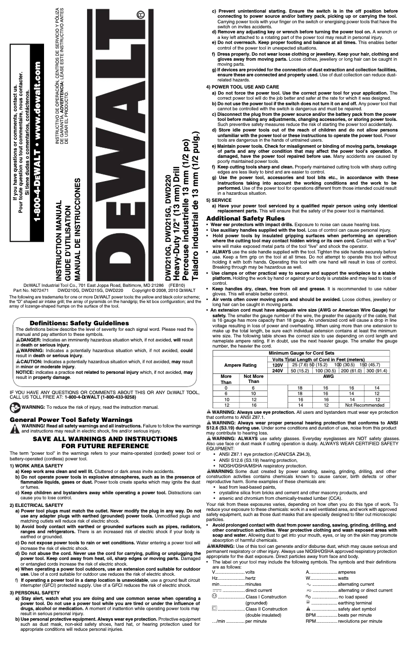 Page 1 de la notice Manuel utilisateur DeWalt DWD215G