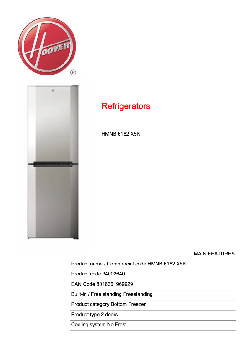 Page n°1 - Fiche technique Hoover HMNB 6182 X5K