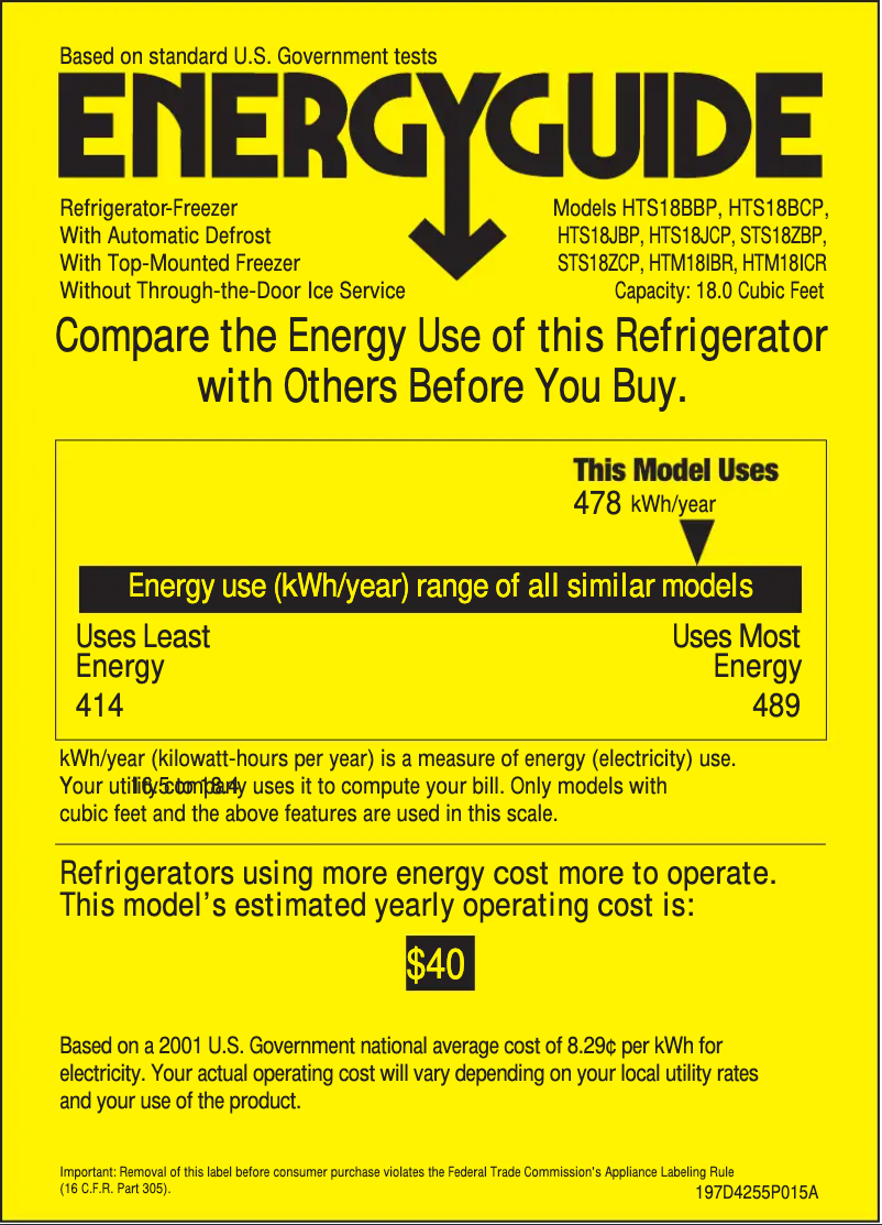 Page n°1 - Label énergétique Hotpoint HTS18JBPWW