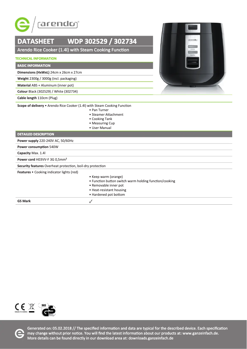 Page 1 of the manual Technical Sheet Arendo MAKI 302529