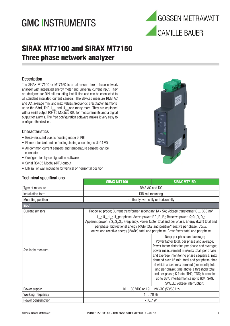 Page 1 de la notice Fiche technique Camille Bauer SIRAX MT7150