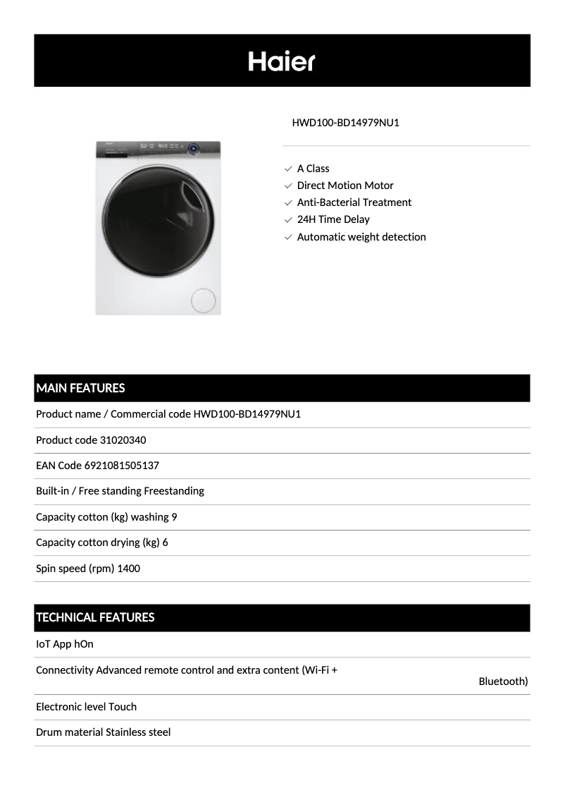 Page 1 de la notice Fiche technique Haier HWD100-BD14979NU1