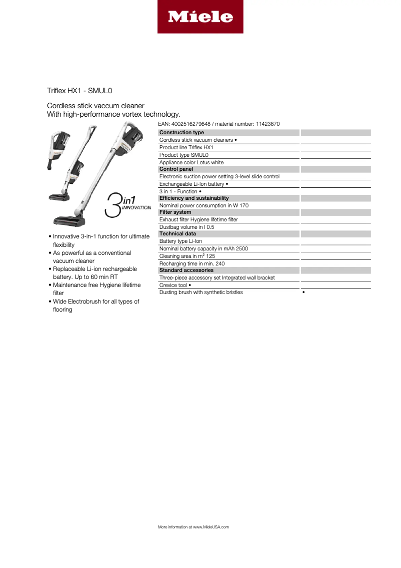 Page n°1 - Fiche technique Miele Triflex HX1
