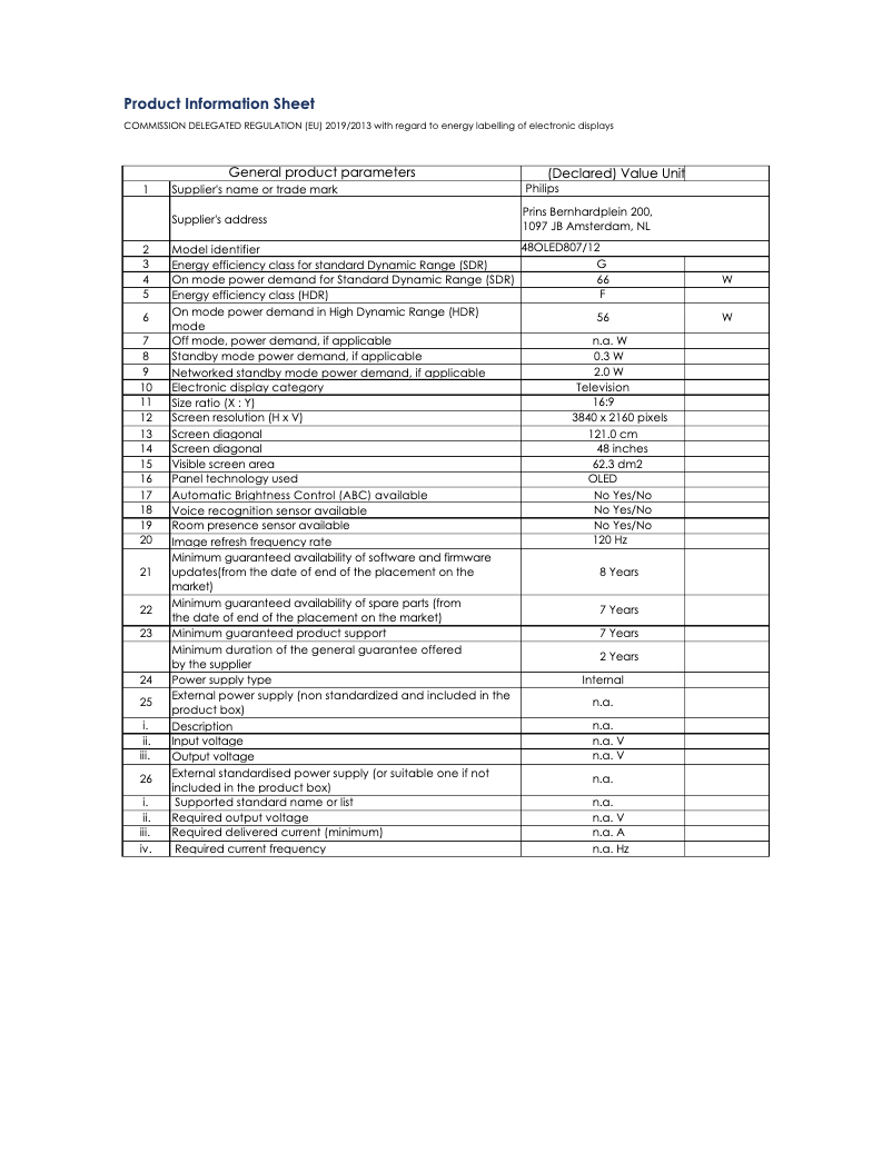 Page 1 de la notice Fiche technique Philips 48OLED807