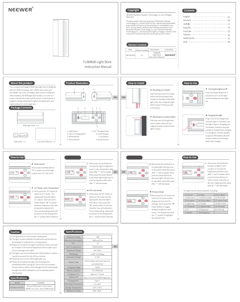 Page 1 de la notice Manuel utilisateur Neewer TL96RGB