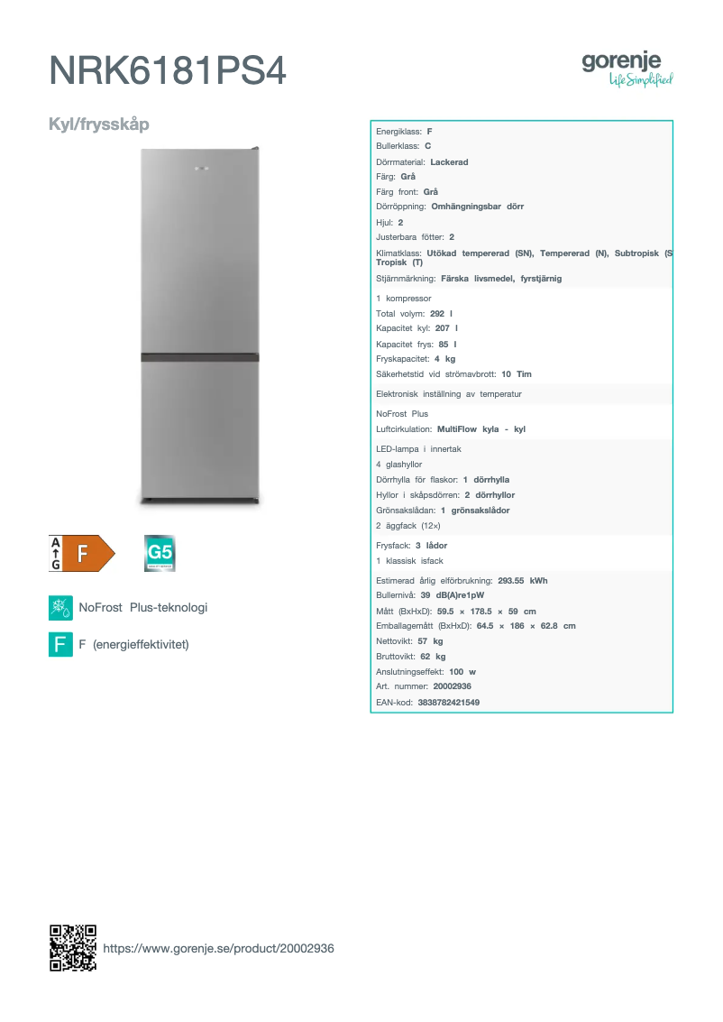Page n°1 - Fiche technique Gorenje NRK6181PS4