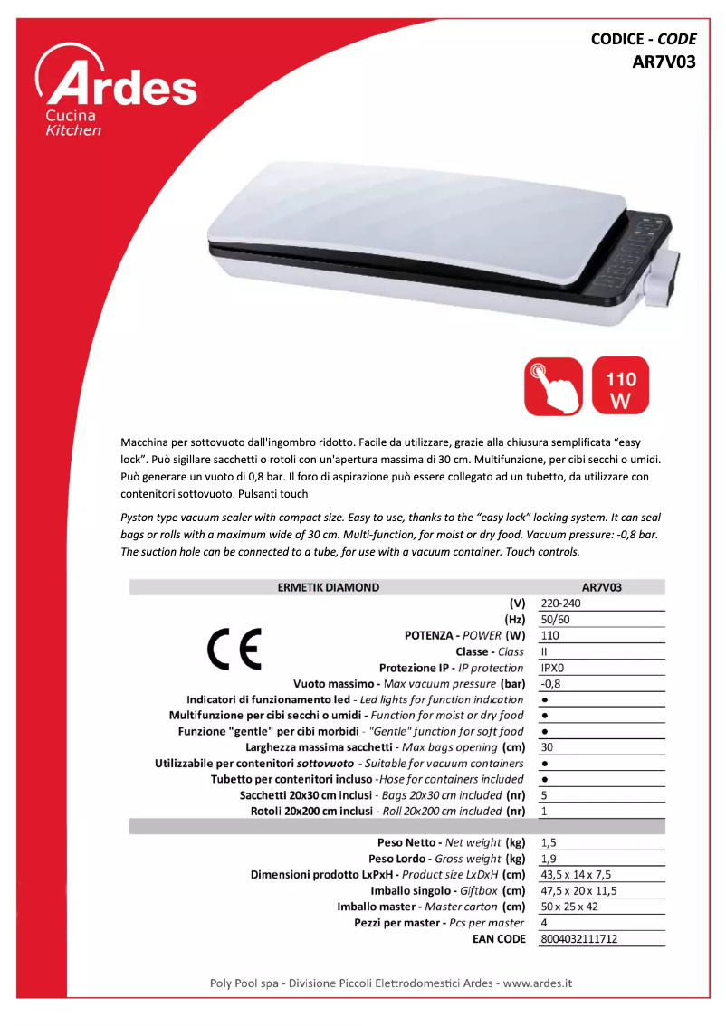 Page 1 de la notice Fiche technique Ardes AR7V03