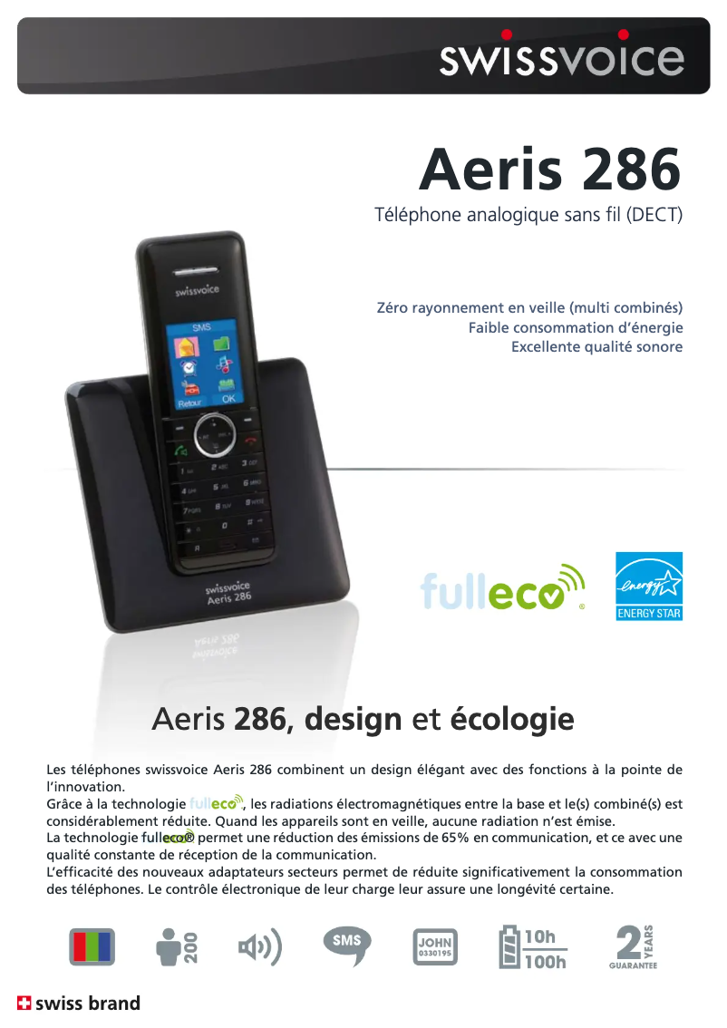 Page 1 de la notice Fiche technique Swissvoice Aeris 286