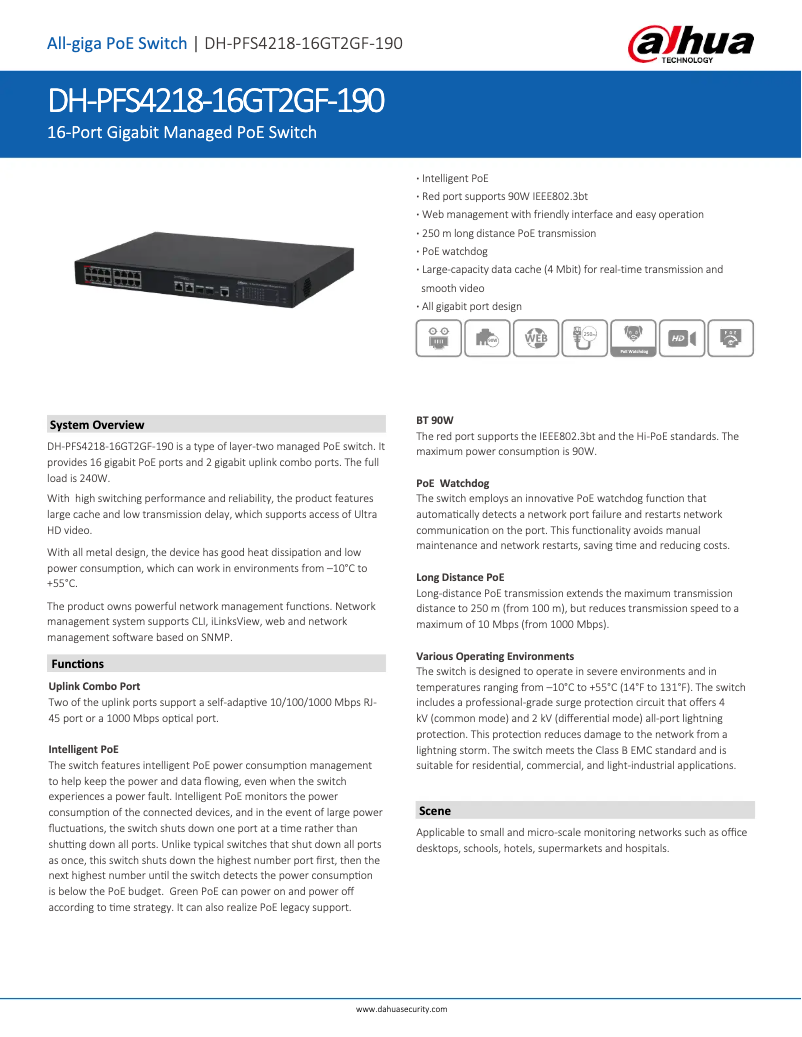 Page 1 de la notice Fiche technique Dahua Technology PFS4218-16GT2GF-190