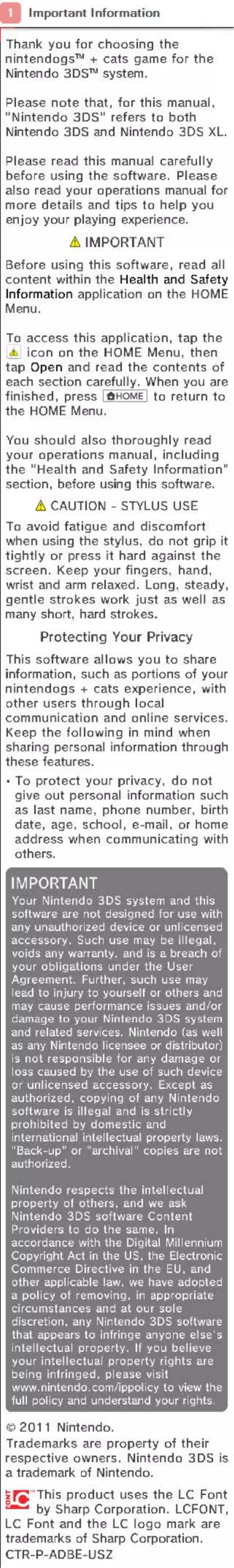 Page 1 of the manual User Manual Nintendo Nintendogs + Cats (3DS)