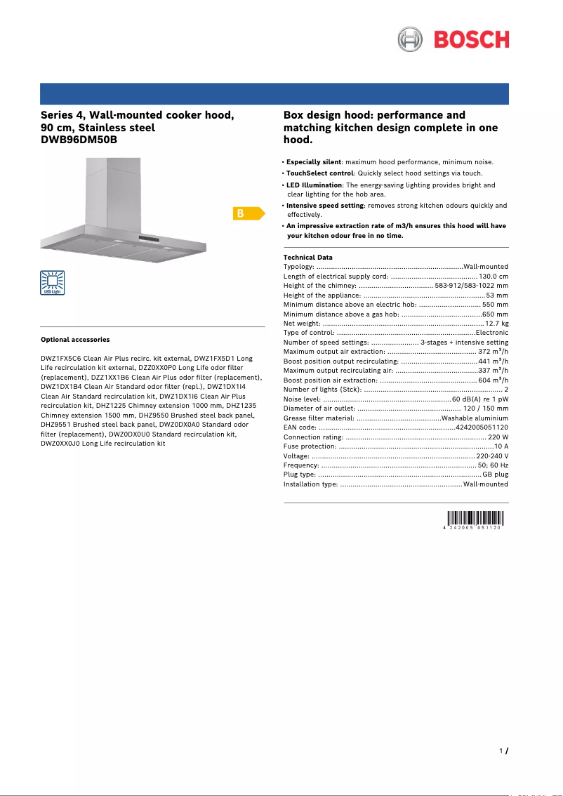 Page 1 de la notice Fiche technique Bosch DWB96DM50B