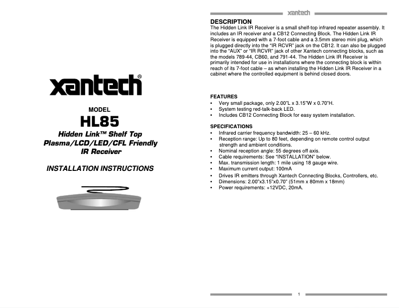 Page 1 de la notice Manuel utilisateur Xantech HL85