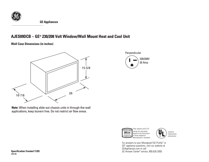 Page n°1 - Fiche technique GE AJES09DCB