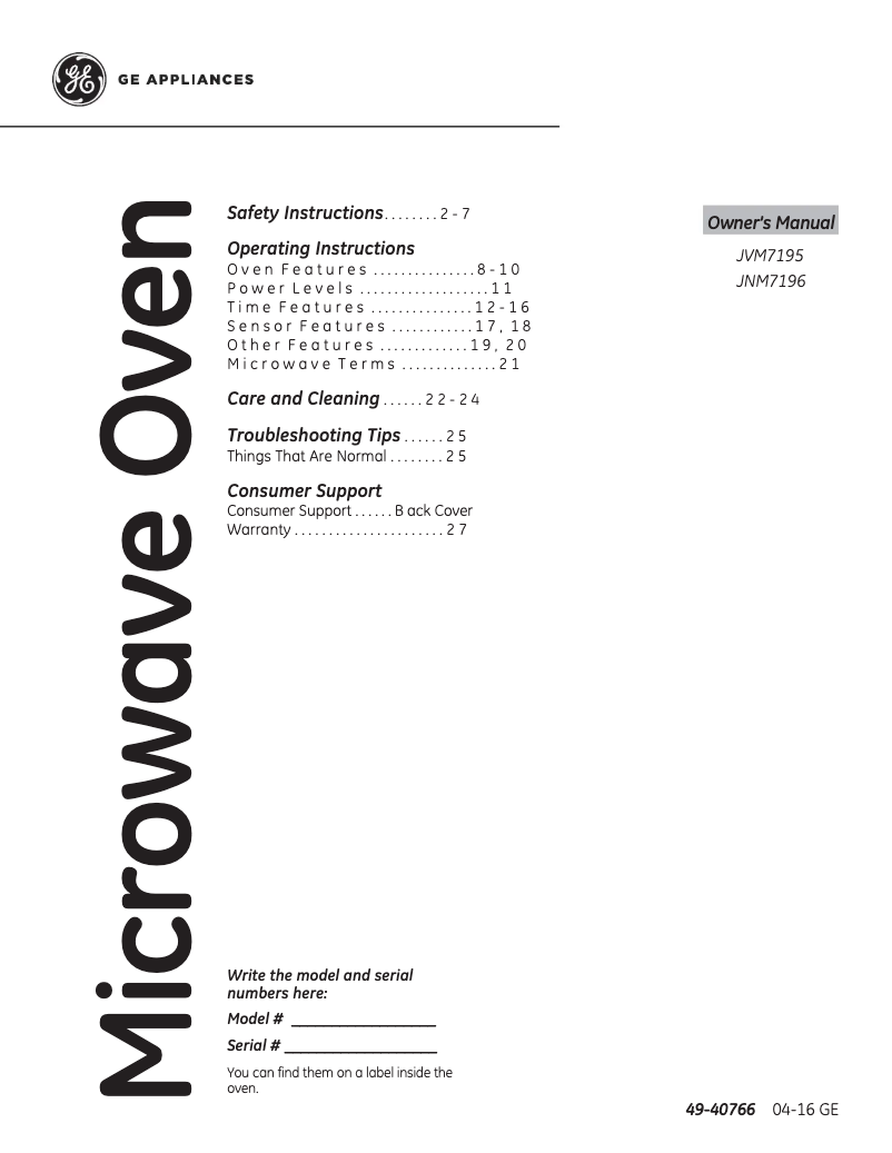 Page 1 de la notice Manuel utilisateur GE JNM7196SKSS