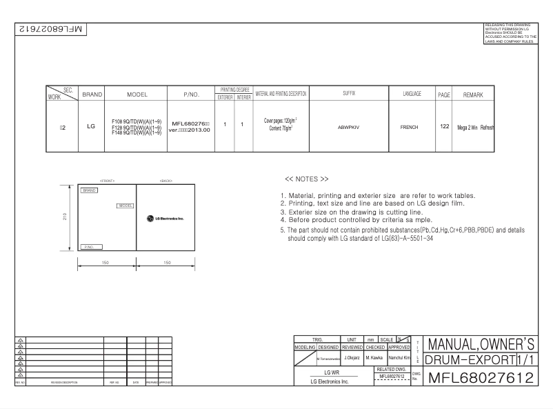 Page 1 de la notice Manuel utilisateur LG F10B9QDW