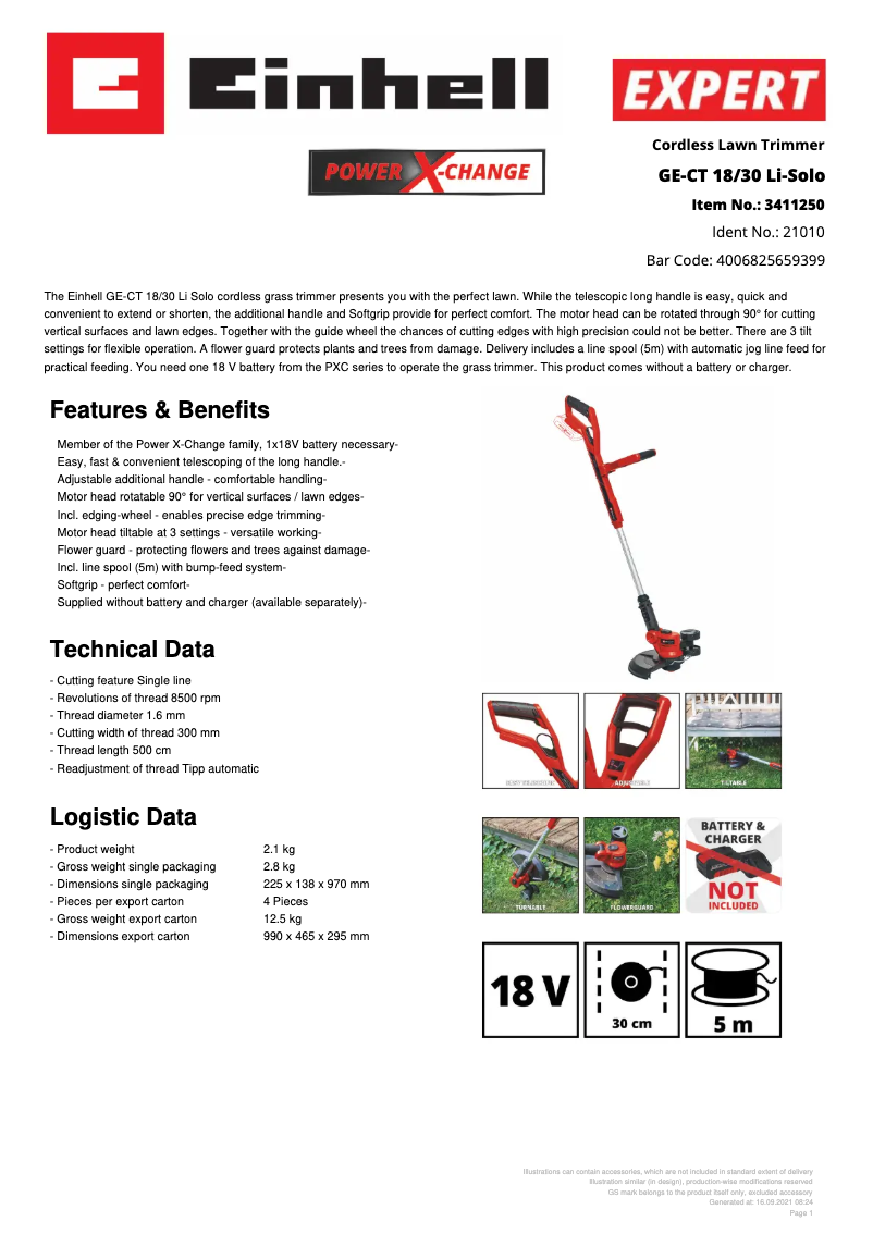 Page n°1 - Fiche technique Einhell GE-CT 18/30 Li-Solo