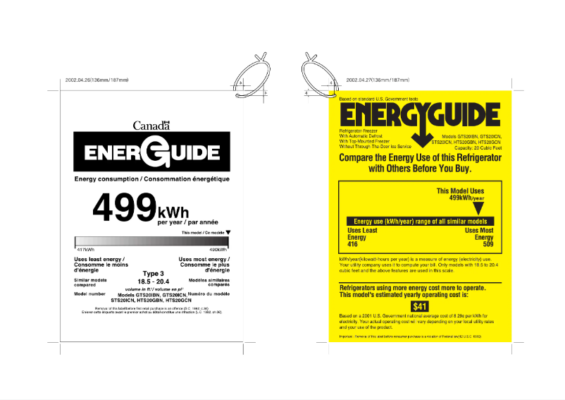 Page 1 de la notice Label énergétique GE GTS20ICNCC