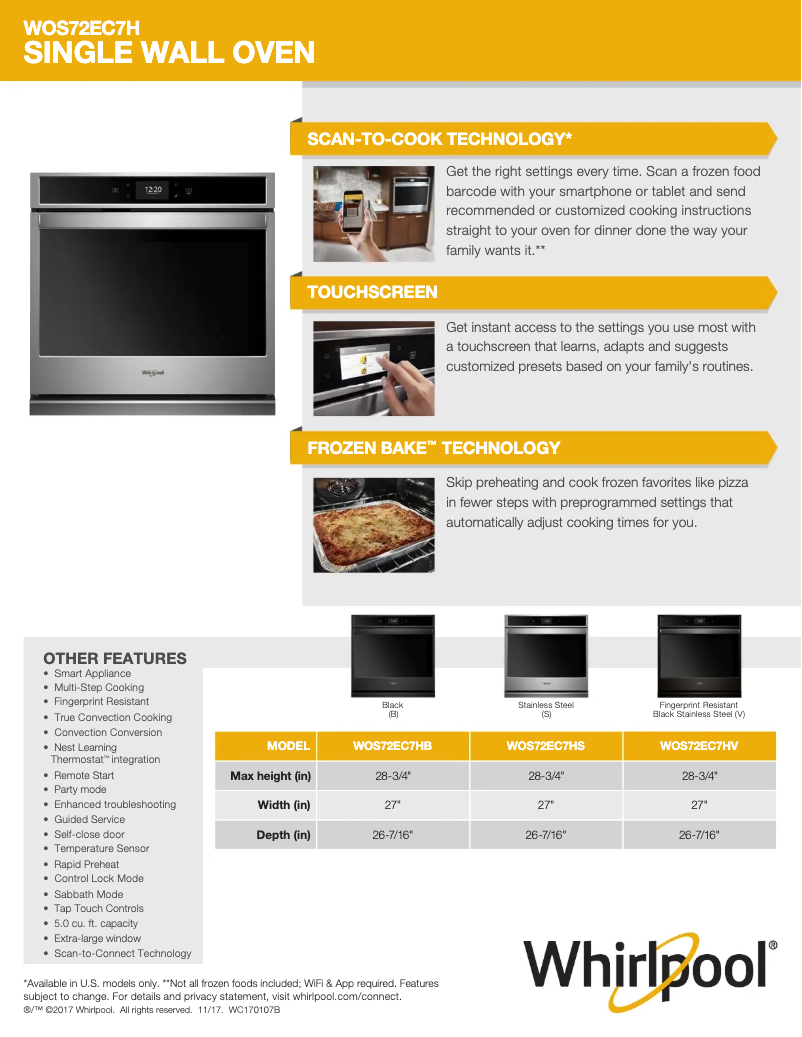 Page 1 of the manual Technical Sheet Whirlpool WOS72EC7HV