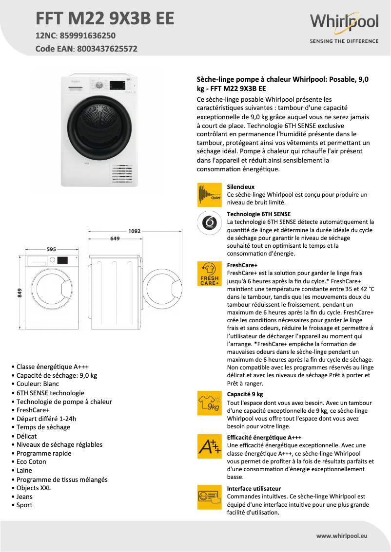 Página 1 del manual Ficha técnica Whirlpool FFT M22 9X3B EE