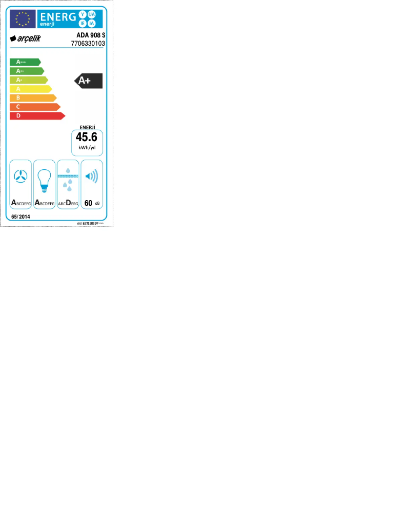 Page 1 de la notice Label énergétique Arçelik ADA 908 S