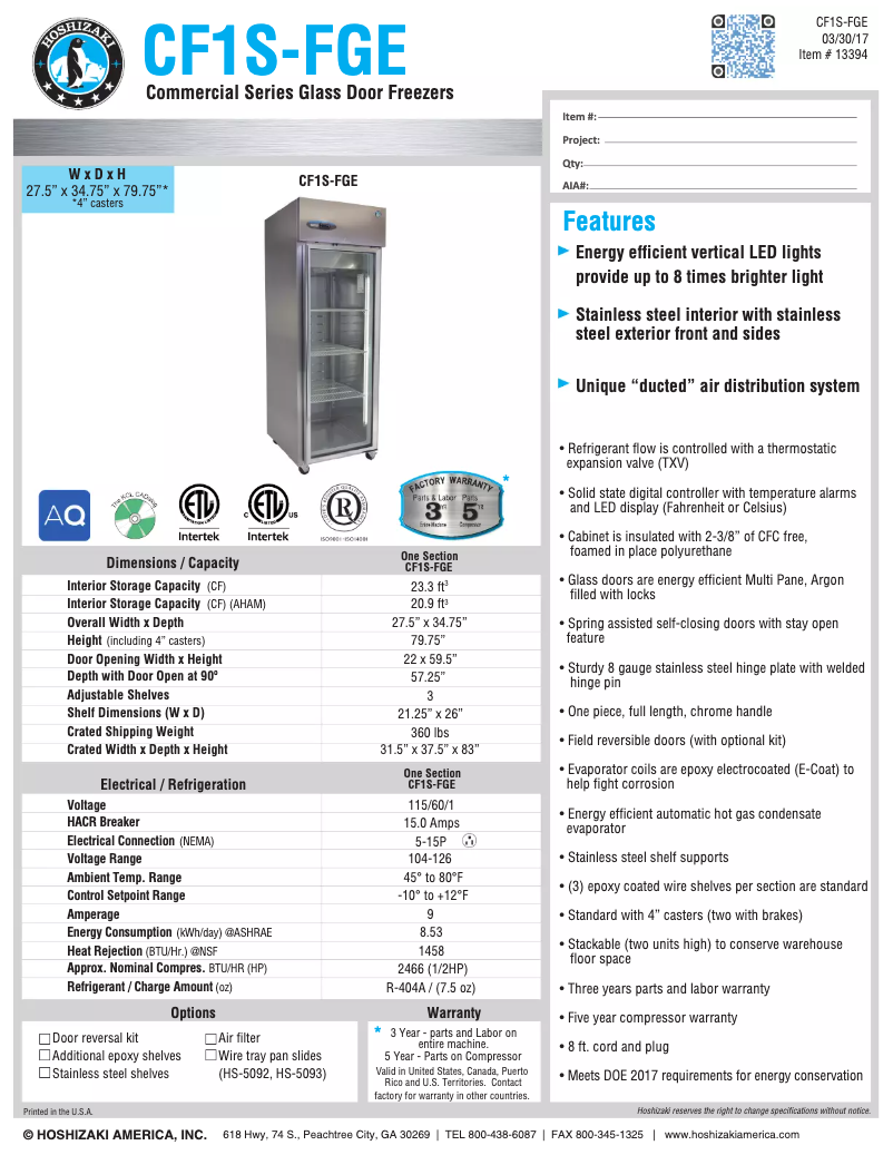 Página 1 del manual Ficha técnica Hoshizaki Commercial CF1S-FGE