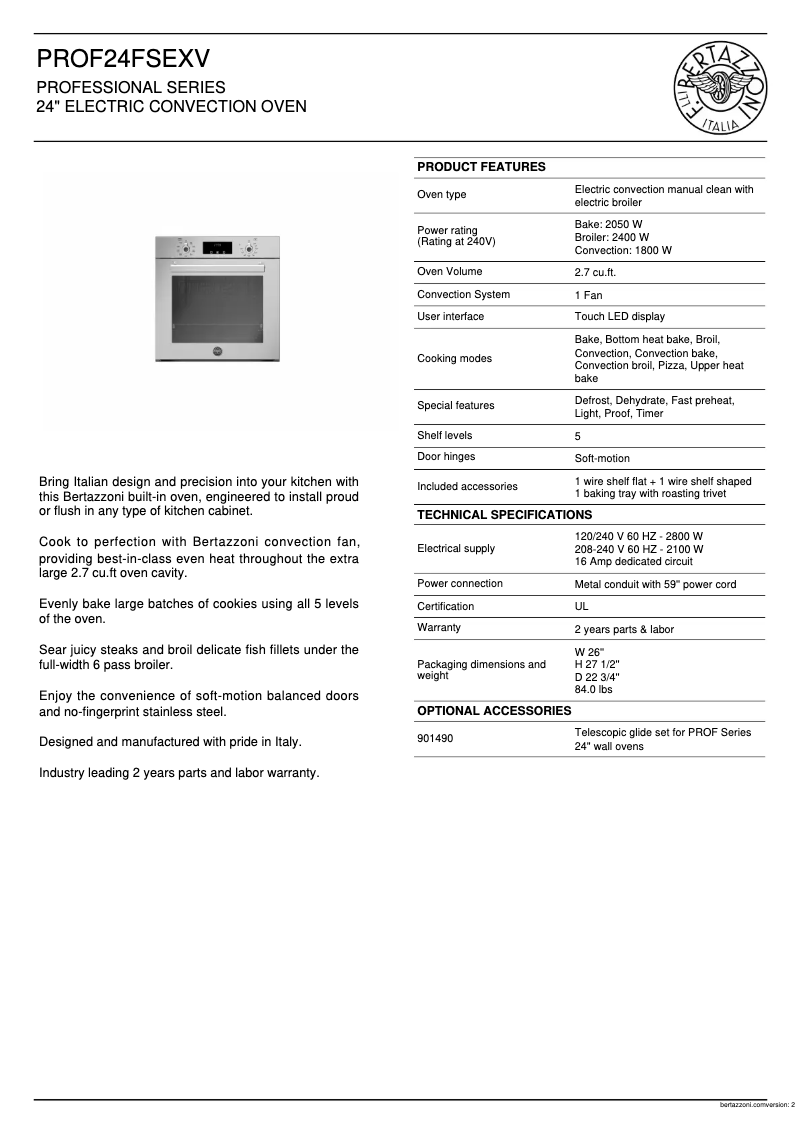 Page 1 de la notice Fiche technique Bertazzoni PROF24FSEXV