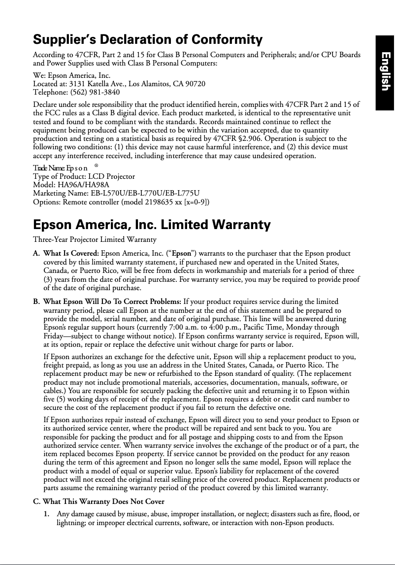 Page 1 de la notice Informations de garantie Epson PowerLite L775U