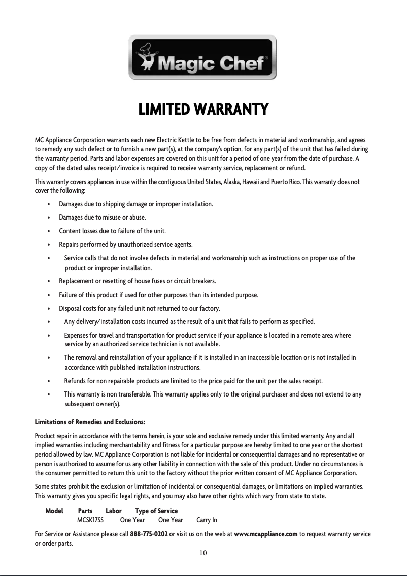Page 1 de la notice Informations de garantie Magic Chef MCSK17SS