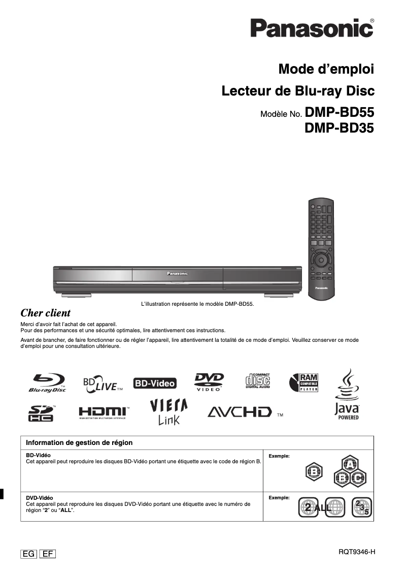 Page 1 de la notice Manuel utilisateur Panasonic DMP-BD55