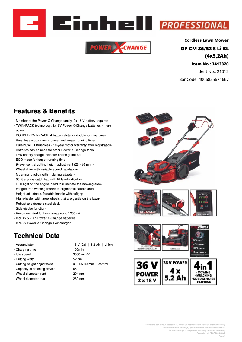 Page 1 de la notice Fiche technique Einhell GP-CM 36/52 S Li BL