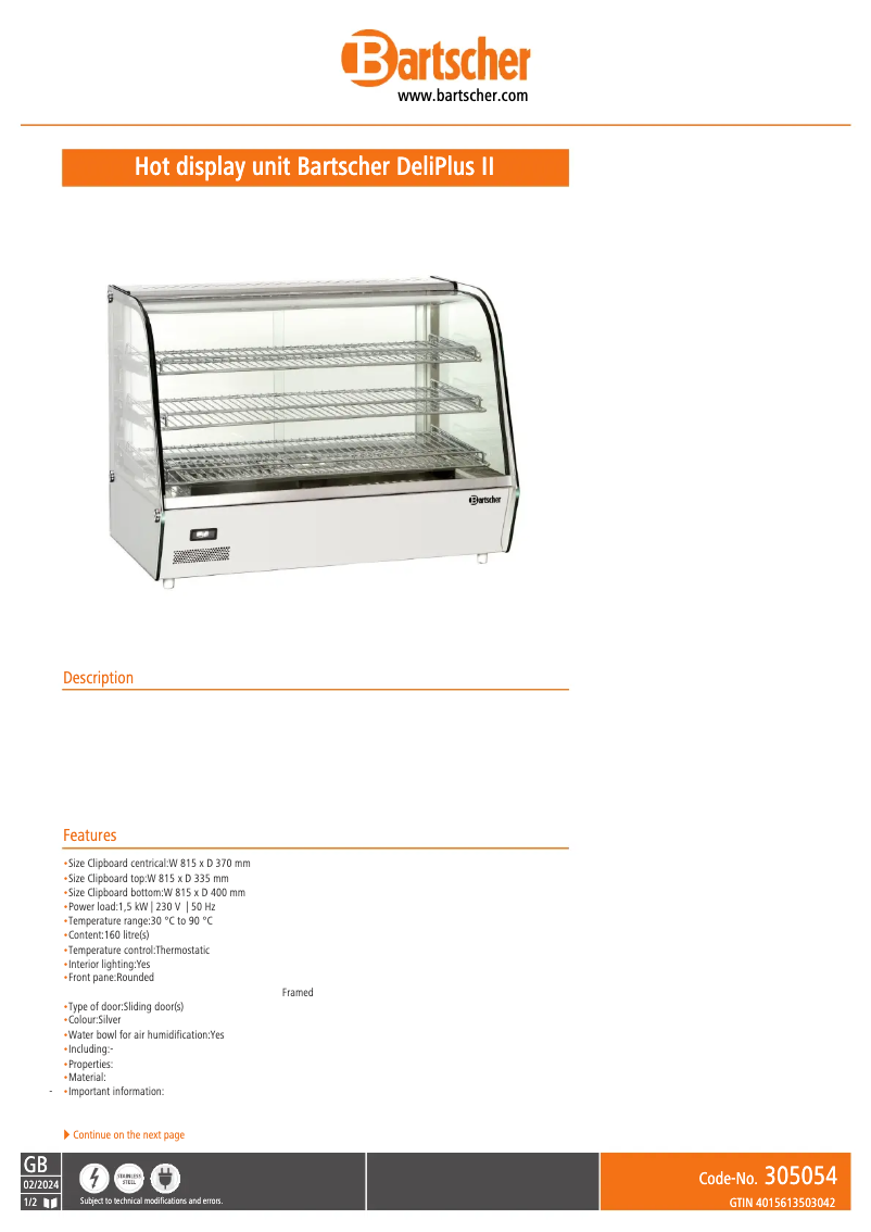 Page n°1 - Fiche technique Bartscher DeliPlus II 305054