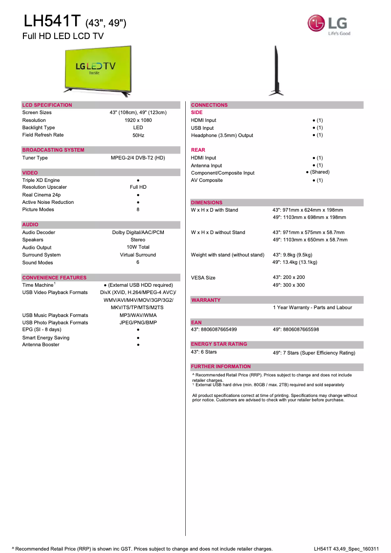 Page 1 de la notice Fiche technique LG 49LH541T