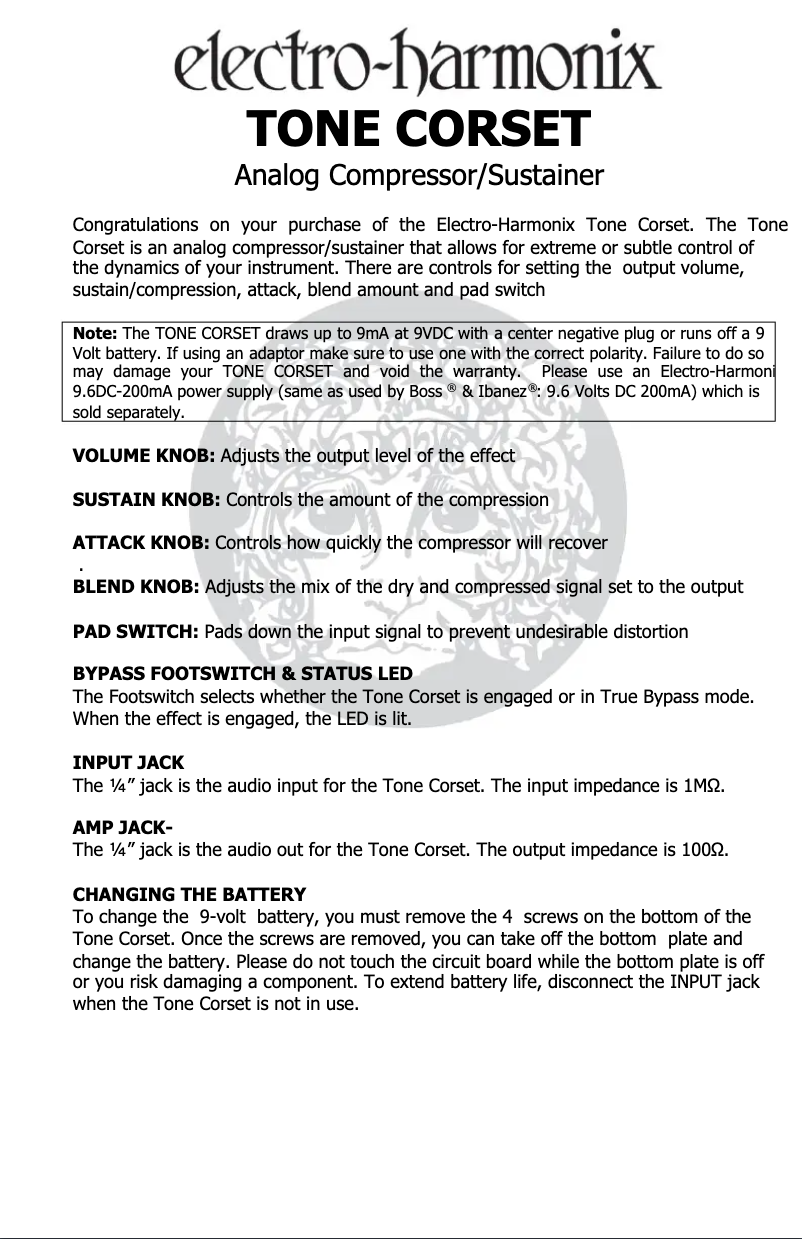 Página 1 del manual Manual de usuario Electro Harmonix Tone Corset