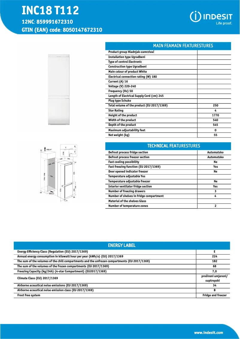 Page 1 de la notice Fiche technique Indesit INC18 T112