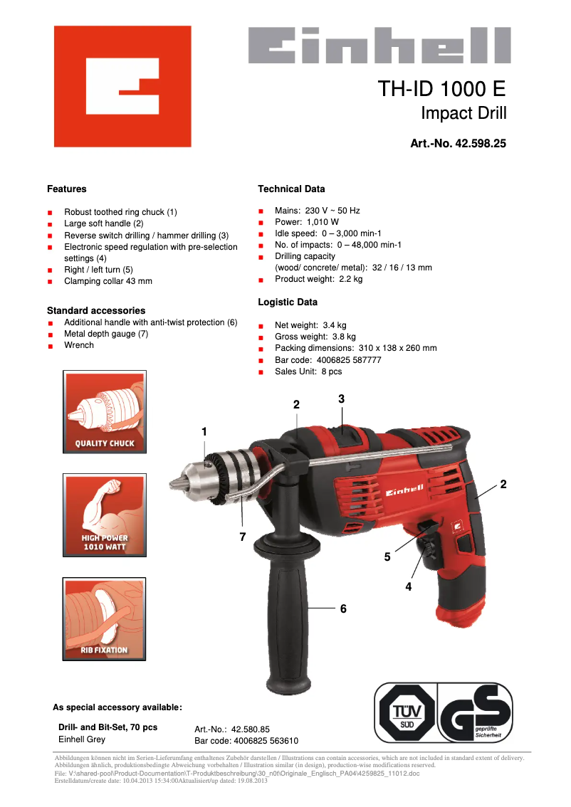 Page n°1 - Fiche technique Einhell TH-ID 1000 E