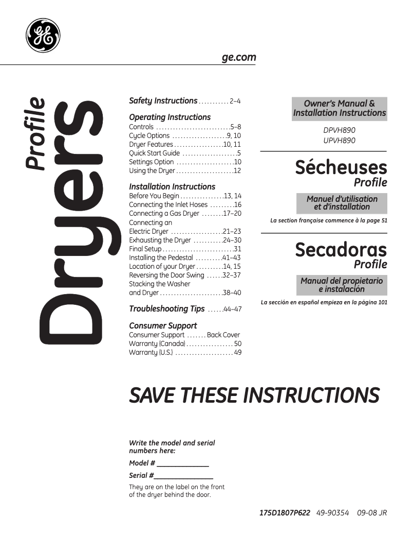 Page n°1 - Manuel utilisateur GE UPVH890GJMG
