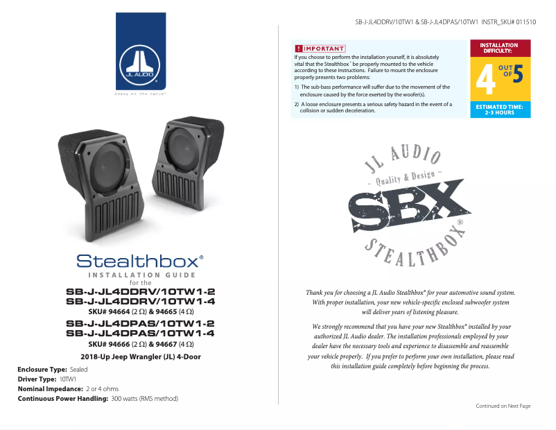 Página 1 del manual Manual de usuario JL Audio Stealthbox SB-J-JL4DDRV/10TW1-2