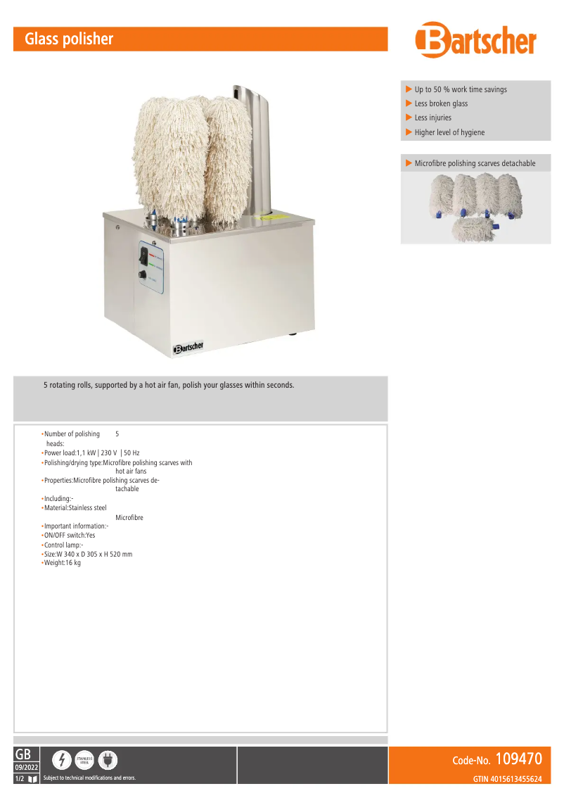Page 1 de la notice Fiche technique Bartscher 109470