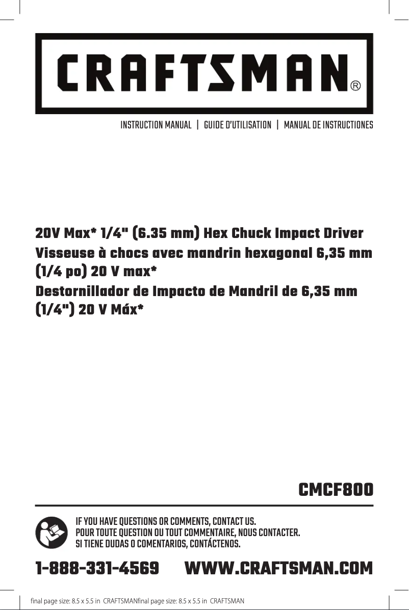Page 1 de la notice Manuel utilisateur Craftsman CMCF800C1