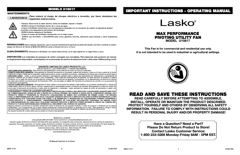 Page 1 de la notice Manuel utilisateur Lasko U15617