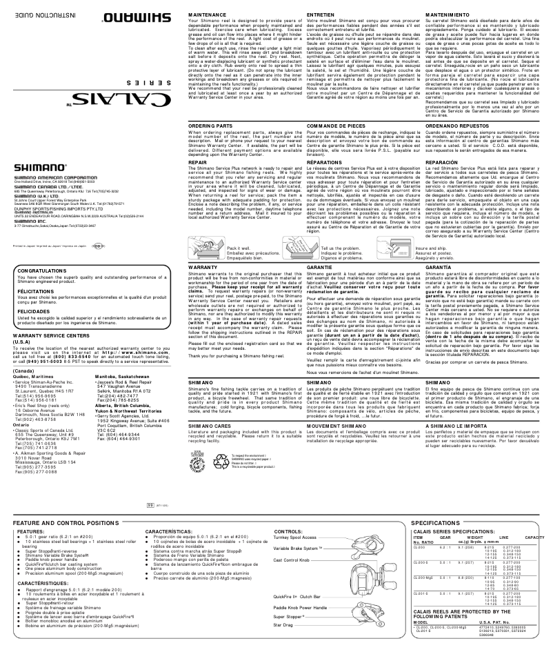 Page 1 de la notice Manuel utilisateur Shimano Calais 201-5