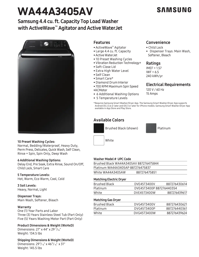 Page 1 de la notice Fiche technique Samsung WA44A3405AV