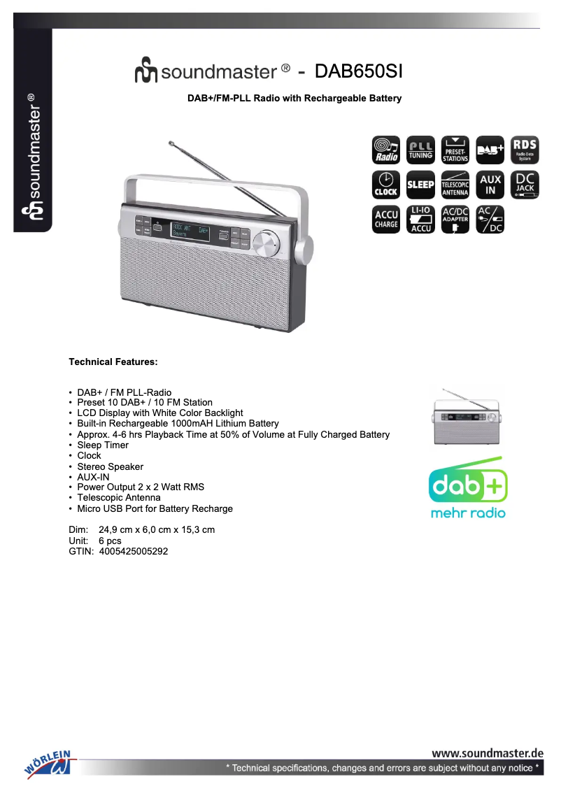 Page n°1 - Fiche technique Soundmaster DAB650SI