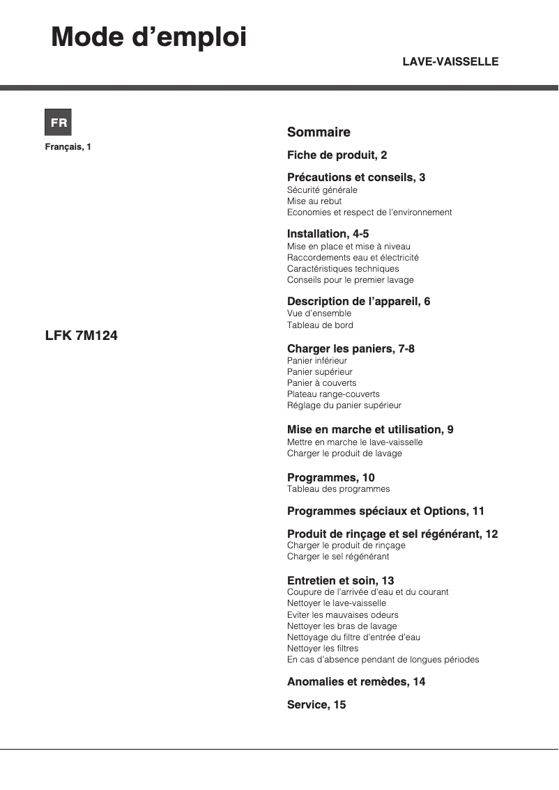 Page n°1 - Manuel utilisateur Hotpoint LFK 7M124 X FR