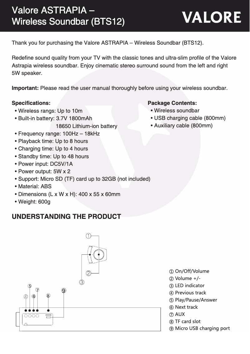 Page n°1 - Manuel utilisateur Valore BTS12