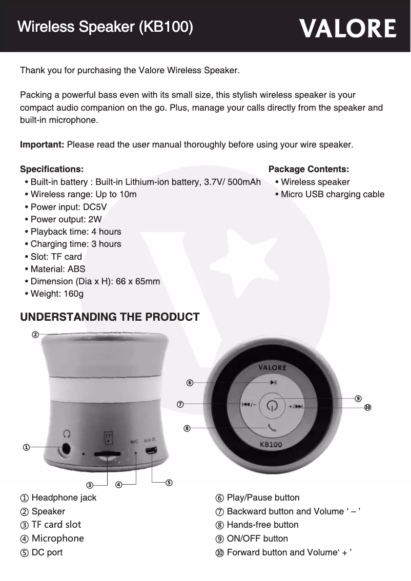 Page n°1 - Manuel utilisateur Valore KB100
